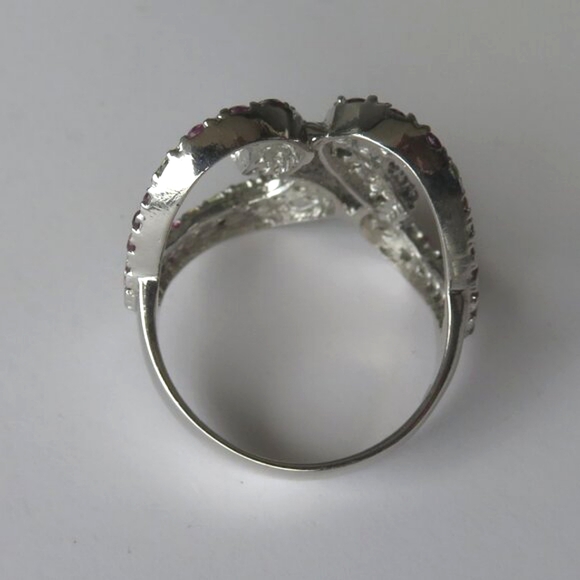 Double Heart Rhodolite Garnet Peridot Gemstone 925 Sterling Silver Ring Size 9 - Picture 14 of 15